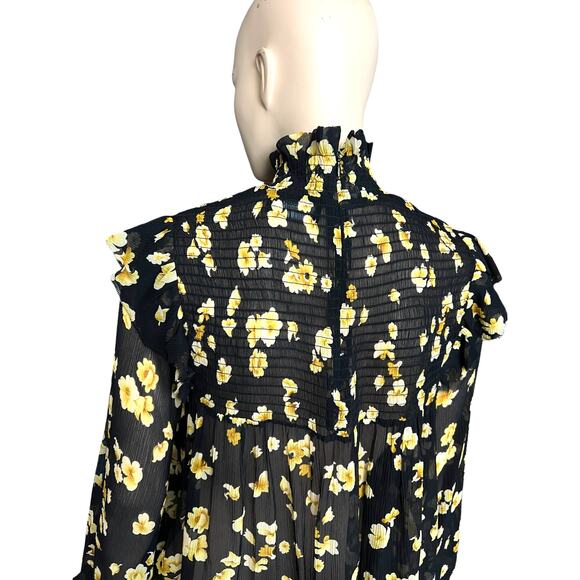 The Kooples Funnel Neck 100% Silk Sheer Smocked Floral Blouse Size Small - Picture 12 of 16